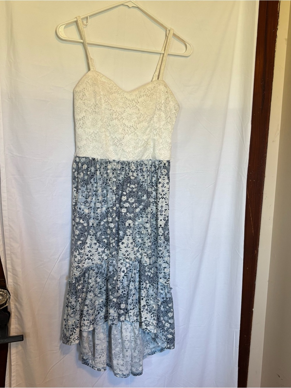 No Boundaries Cream Lace Top with Blue Floral High-Low Summer Dress